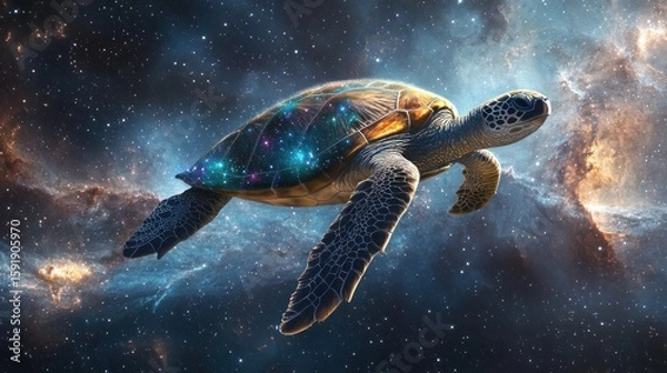 Fototapeta A majestic sea turtle navigates the cosmos, its shell adorned with celestial constellations, amidst a vibrant nebula of stars and galaxies.