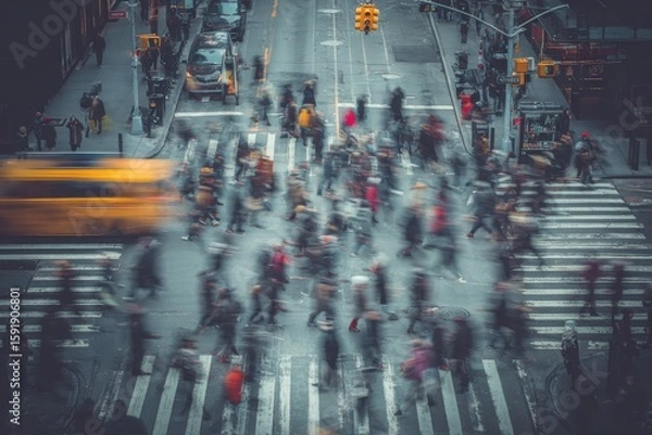 Fototapeta Aerial view showcases a bustling city street with pedestrians and vehicles crossing the intersection at daytime