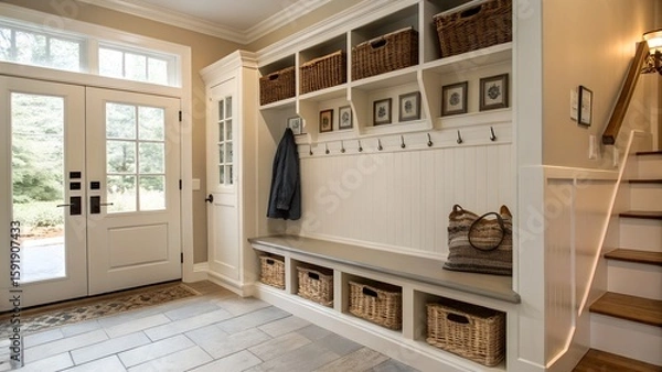 Obraz Mudroom Entryway with Built-In Bench and Storage Hooks