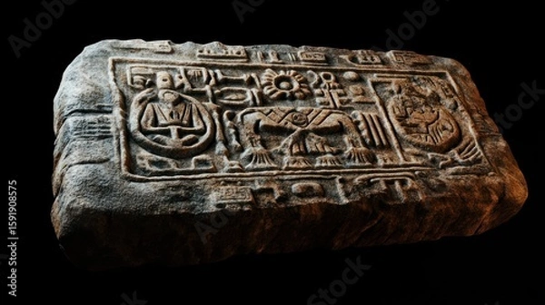 Fototapeta Ancient stone tablet with intricate carvings, isolated on black background.