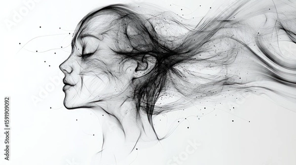 Fototapeta Abstract portrait of a woman with smoke-like hair and face, in profile view, grayscale, serene, peaceful expression.