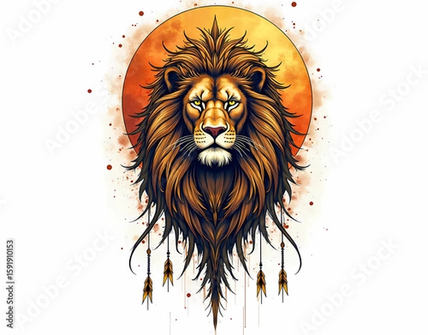 Fototapeta Vector illustration of a mystical golden lion head with a full moon background isolated on a white background. Generate AI