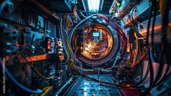 Fototapeta Inside a complex machine with intricate wiring and electronic components, illuminated by glowing lights.