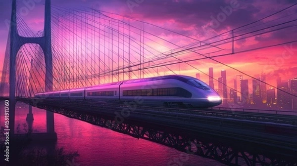 Fototapeta Futuristic high-speed train crossing a modern cable-stayed bridge at vibrant sunset over a cityscape.