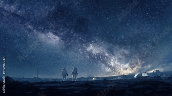 Fototapeta Two astronauts explore a distant planet under a breathtaking starry night sky with milky way galaxy view