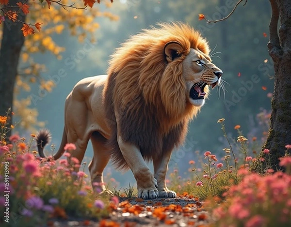 Fototapeta A golden lion walking in a magnificent forest filled with colorful flowers. AI generate