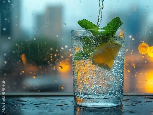 Fototapeta Refreshing Sparkling Water with Mint and Lemon Slices on a Rainy Day, City Lights in Background