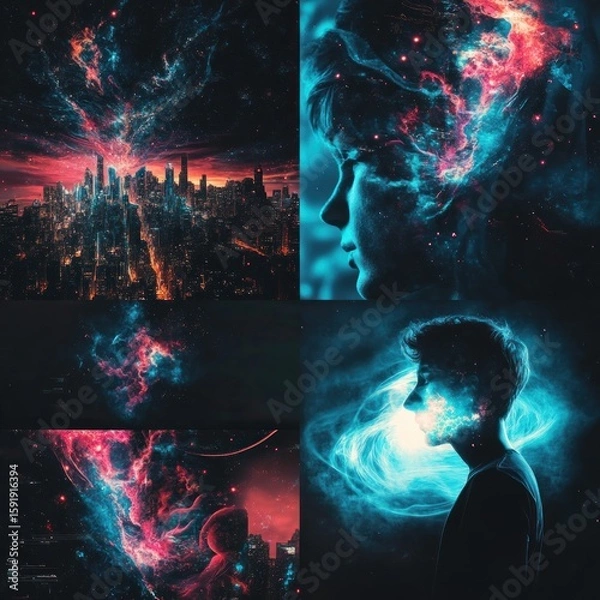 Fototapeta Futuristic cityscape merging with cosmic nebulae, abstract portrait of a person with glowing energy fields.