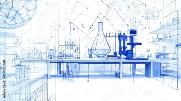 Fototapeta Abstract digital illustration of a science laboratory with various scientific equipment.