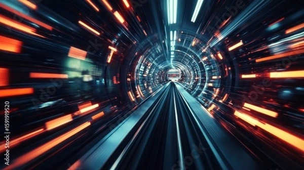 Fototapeta High-speed futuristic train moving through a glowing tunnel.