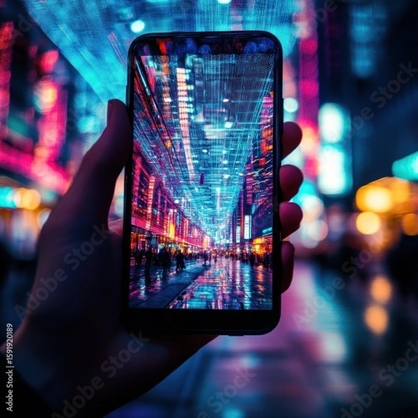 Fototapeta Hand holding smartphone displaying a vibrant, digitally enhanced cityscape at night, with city lights and digital code overlay.