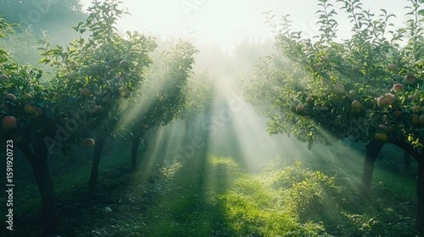 Fototapeta Sunlight streams through misty orchard, illuminating rows of apple trees.