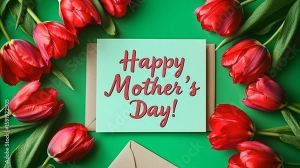 Obraz Mother’s Day greeting card with red tulips and gift ribbon arranged on green background for festive celebration.