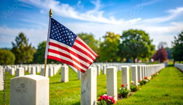 Fototapeta an american flag prominently displayed at a veterans cemetery, surrounded by graves marked with small american flags