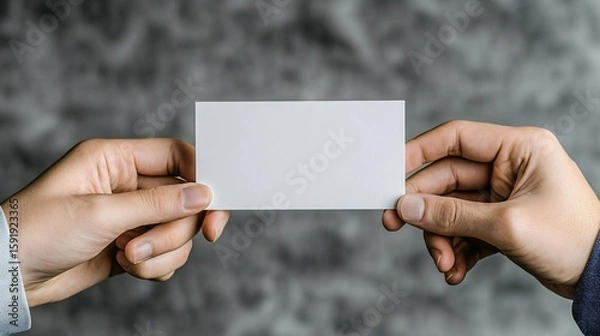 Obraz Blank business card held by two hands over dark textured background ideal for branding or identity mockup.