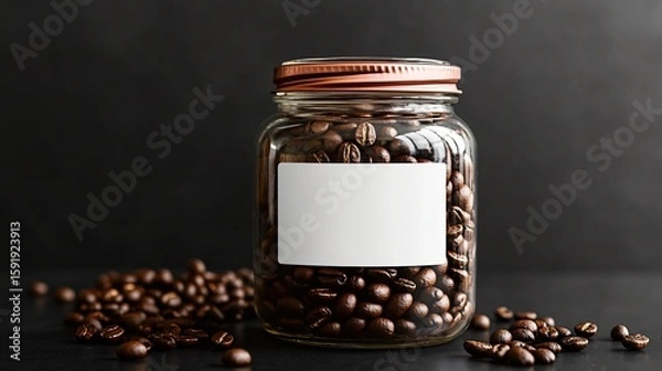 Obraz Glass jar filled with roasted coffee beans and blank label for branding mockup and packaging design.