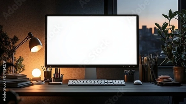 Obraz Modern home office workspace with large blank monitor screen and cozy ambient lighting for creative productivity setup.