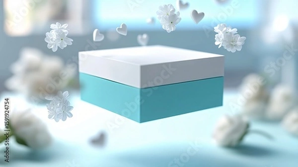 Obraz Floating blue and white gift box surrounded by 3D hearts and snowflakes representing winter holiday celebration.