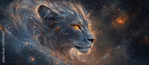 Fototapeta Abstract lion in a cosmic nebula.