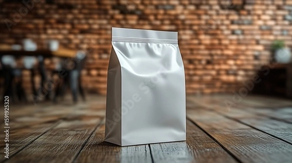 Obraz White paper pouch standing on wooden table in coffee shop setting for packaging mockup or product branding.