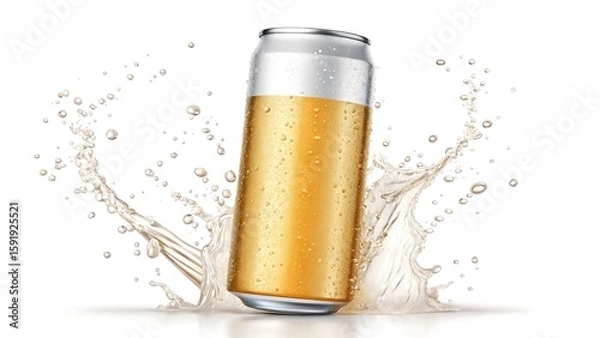 Fototapeta Golden beverage can with splashing liquid silver liquid splash
