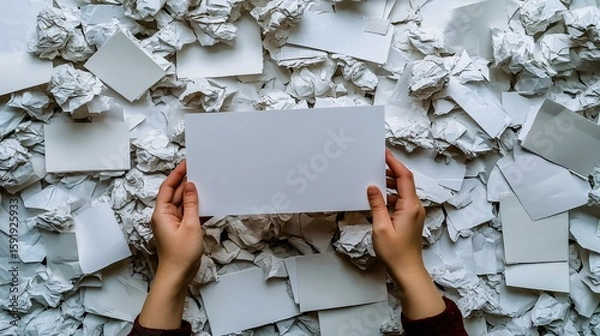 Obraz Person holding blank card on torn paper wall background for branding, announcement, or message design.