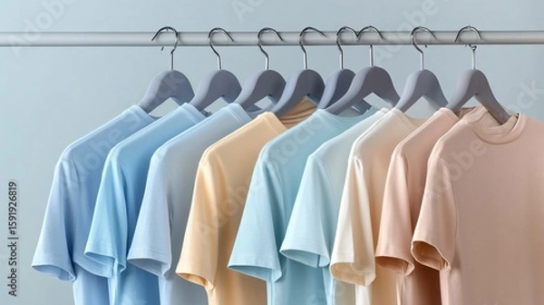 Obraz Pastel t-shirts hanging on rack against light background for fashion retail, apparel branding, or store display.
