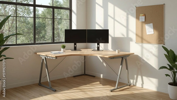 Fototapeta Corner sit stand workstation with vertical monitor setup and bamboo surface in daylight filled eco friendly office space