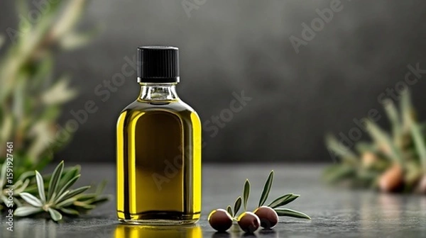 Obraz Glass bottle of olive oil with fresh olives and leaves on wooden surface for organic food or product branding.