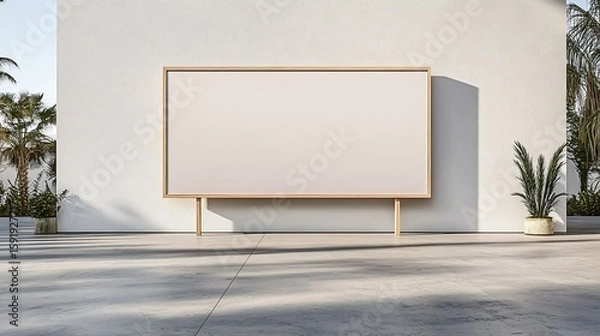 Obraz Large blank billboard outside in urban modern setting with plants and shadows for outdoor advertising mockup.