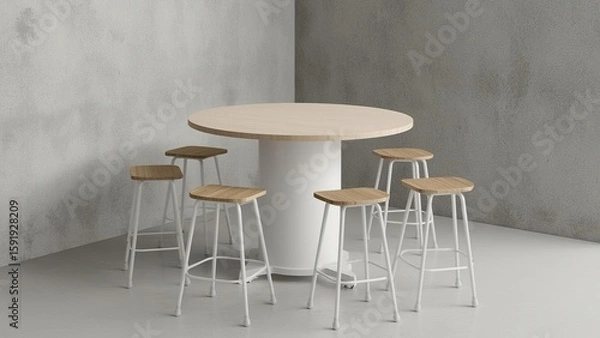 Fototapeta Standing collaborative round table with whiteboard column base and wheeled stools in creative group zone