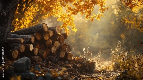 Fototapeta Stacked firewood logs in a golden autumn forest. Sunlight streams through the trees.