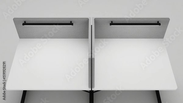 Fototapeta Dual person shared workstation with privacy screens, synchronized under desk lighting, and centralized cable spine in modern tech hub