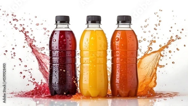 Fototapeta Three colorful beverage bottles with liquid splashes