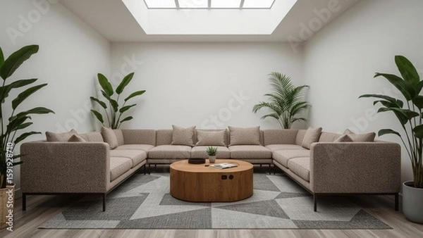 Fototapeta Modern office lounge with low profile modular sofa, tech charging hub, and statement area rug under skylight with plant accents