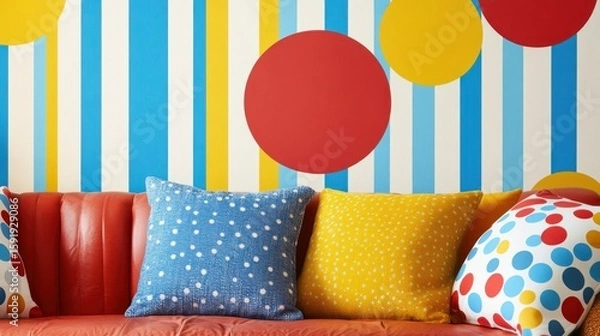 Fototapeta Colorful interior design featuring a red sofa with patterned cushions and a striped and polka dot wall.