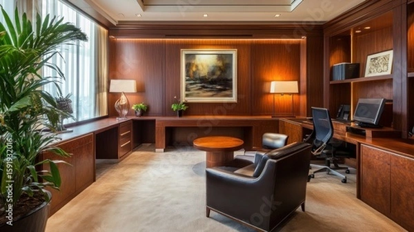 Fototapeta Luxurious, modern executive office with wooden paneling, comfortable seating, and a large desk.