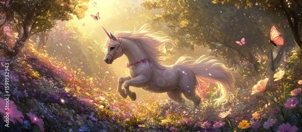 Fototapeta Magical white unicorn galloping through a sunlit enchanted forest meadow filled with colorful flowers and butterflies.