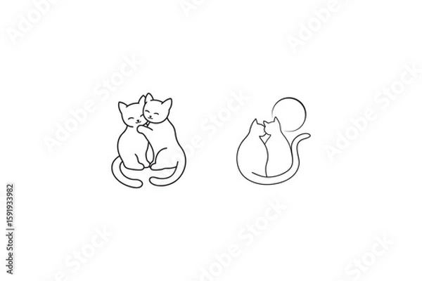 Obraz line art two cats hugging set bundle on the white background