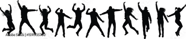 Fototapeta Title: "Joyful Jumping Silhouettes: Energetic Crowd Celebrating Success, Happiness, and Freedom in a Dynamic Row, Perfect for Positive Emotion and Group Achievement Concepts.