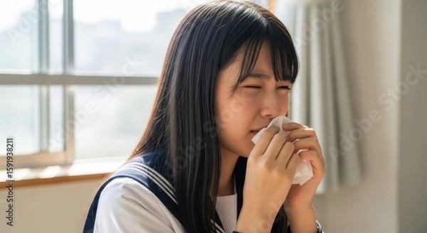 Fototapeta 教室でティッシュを使い鼻をかむ制服姿の女子高校生