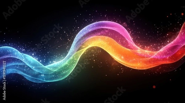 Fototapeta A vibrant rainbow wave shimmers with sparkling lights against a dark background