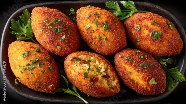 Obraz Syria dish Kibbeh Bulgur and meat croquettes oval-shaped with crispy crust