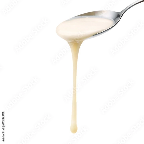 Obraz A close up of a spoon holding and dripping a creamy white liquid substance down on transparent background