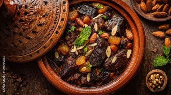 Obraz Morocco dish Tagine Slow-cooked stew in conical clay pot tender meat with prunes and almonds