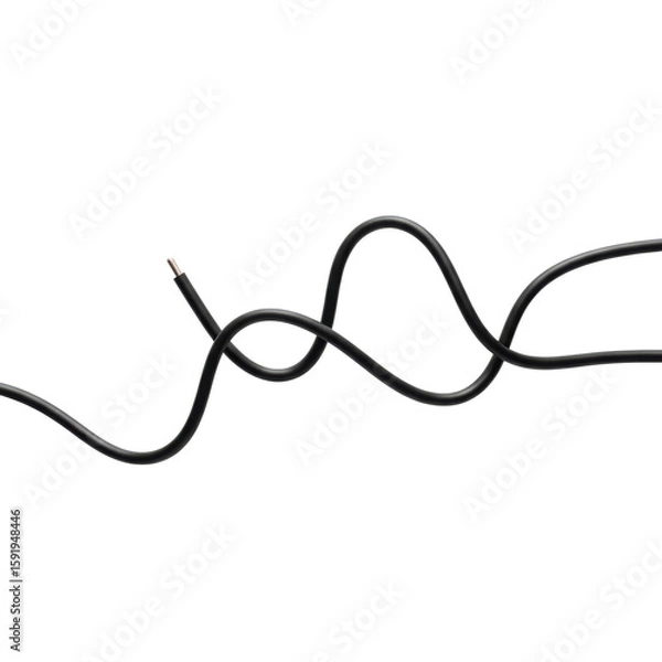 Fototapeta Sleek black electrical cable with smooth matte finish, forming graceful organic curves and an abstract wavy line, shot top-down on a pristine transparent background with diffused lighting, concept of