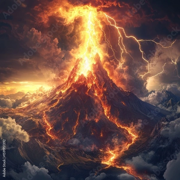 Fototapeta Erupting Volcano with Lightning Strikes During Sunset