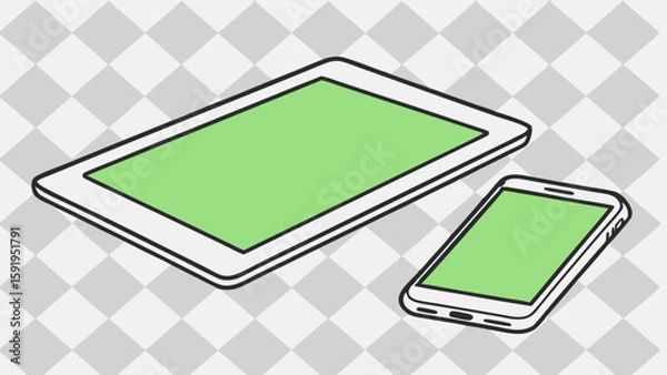 Fototapeta Vector Simple depicts green screen monitor tablet and smartphone on patterned background
