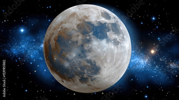 Fototapeta Stunning full moon shines brightly in vastness of space, surrounded by twinkling stars and cosmic dust, evoking sense of wonder and tranquility