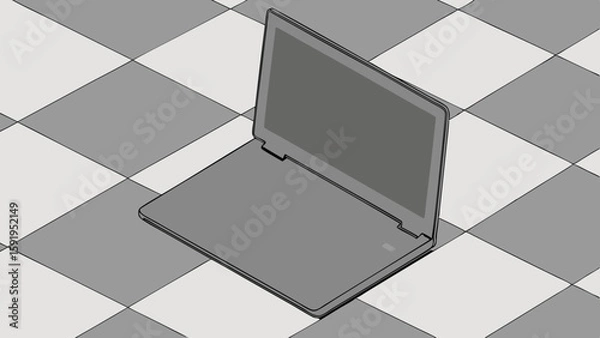 Fototapeta Vector Top down view of gray laptop with blank screen checkered floor, evoking sense of simplicity